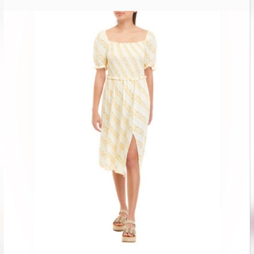 BeBop Cream & White Smocked Striped Floral On Your Off Shoulder Midi Dress Rayon